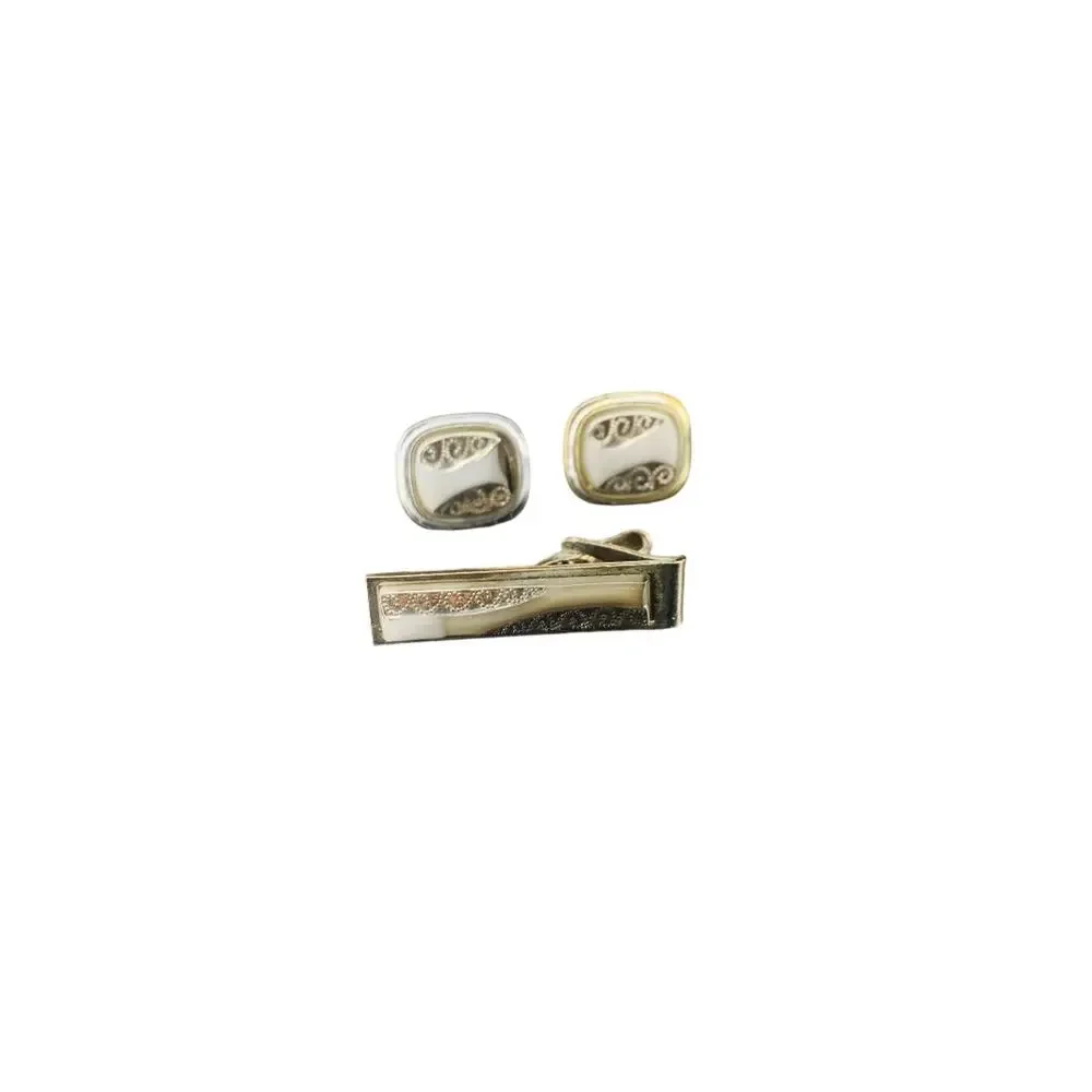 Mens Tie Clip and Pair Cufflinks Set Vintage 1960s Silvertone Gray Stone